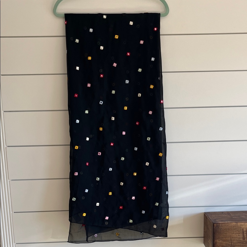 Elegant Black Vintage Indian Scarf with Colorful Embroidered Mirror Accents
